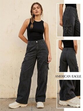American Eagle Wide Leg Cargo Pants Dark Gray Washed Y2K Utility Gorpcore Size 6